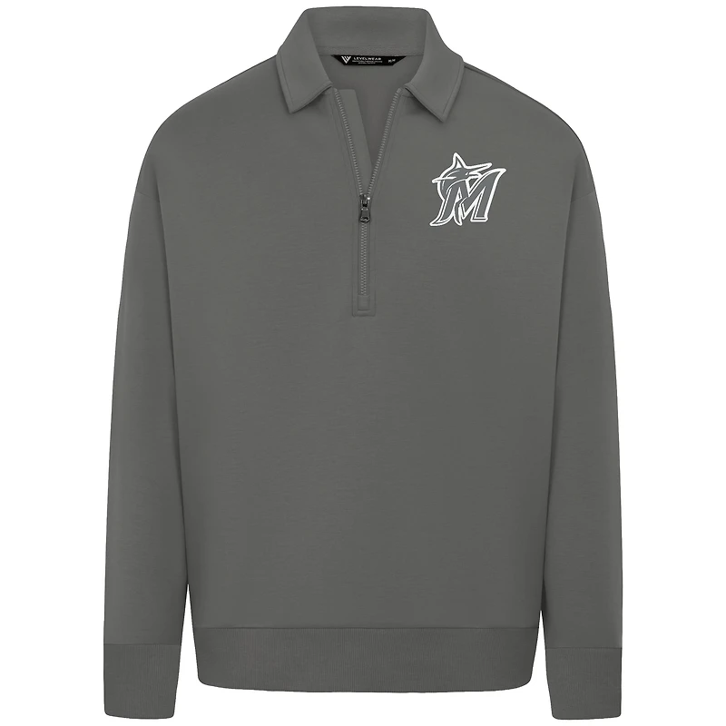 Men's Levelwear Gray Miami Marlins Luxe Signature Quarter-Zip Chenille Logo Tri-Blend Sweatshirt