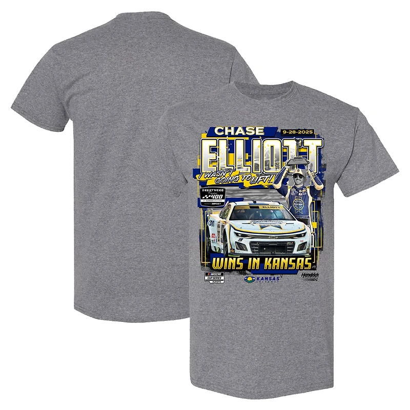 Men's Checkered Flag Sports Heather Charcoal Chase Elliott 2025 Hollywood Casino 400 Race Winner T-Shirt