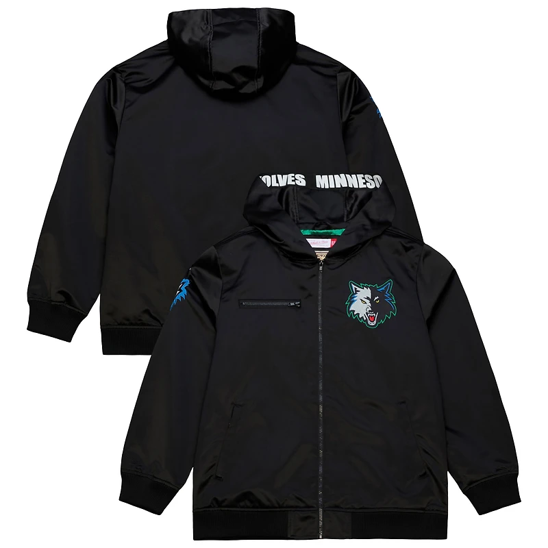 Men's Mitchell & Ness  Black Minnesota Timberwolves Hardwood Classics Nights Walk the Tunnel Satin Bomber Full-Snap Hooded Jacket
