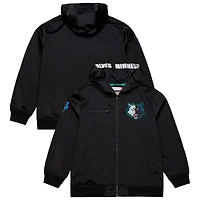 Men's Mitchell & Ness  Black Minnesota Timberwolves Hardwood Classics Nights Walk the Tunnel Satin Bomber Full-Snap Hooded Jacket