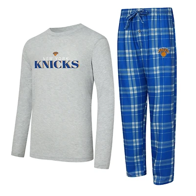 Men's Concepts Sport Royal/Heather Gray New York Knicks Regulate Long Sleeve T-Shirt & Plaid Pant Set