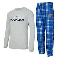 Men's Concepts Sport Royal/Heather Gray New York Knicks Regulate Long Sleeve T-Shirt & Plaid Pant Set