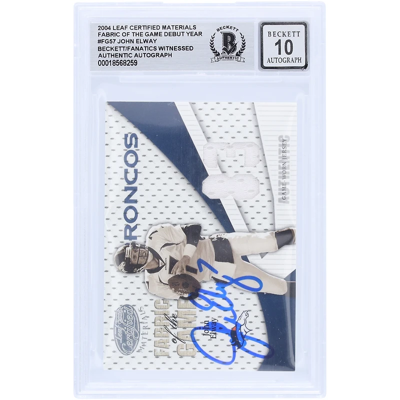 John Elway Denver Broncos Autographed 2004 Leaf Certified Materials Fabric of the Game Debut Year Relic #FG-57 #/83 Beckett Fanatics Witnessed Authenticated 10 Card