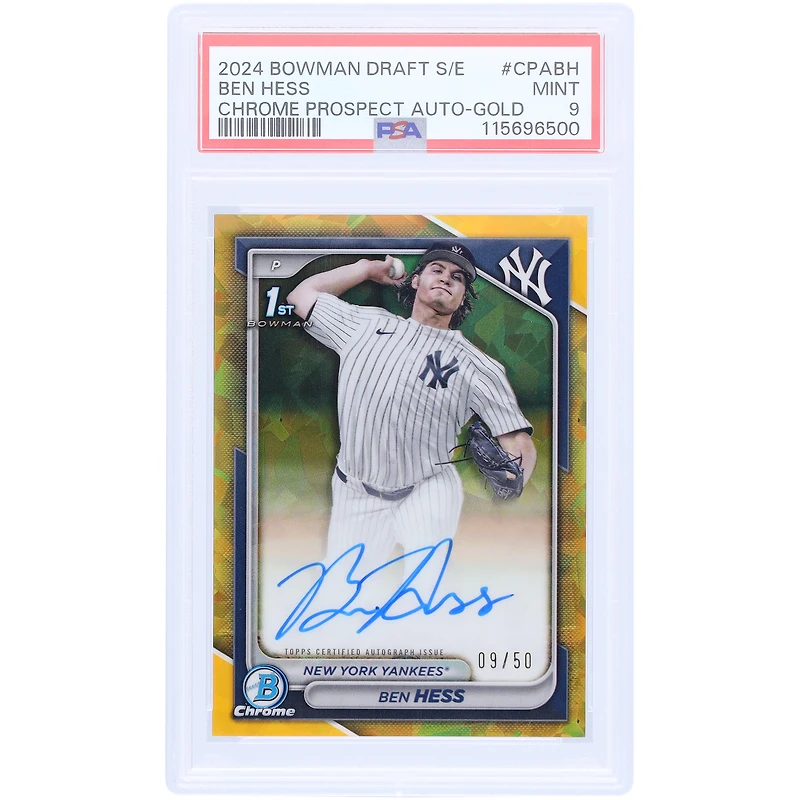 Ben Hess New York Yankees Autographed 2024 Bowman Chrome Sapphire 1st Bowman Gold Refractor #CPA-BH #9/50 PSA Authenticated 9 Card