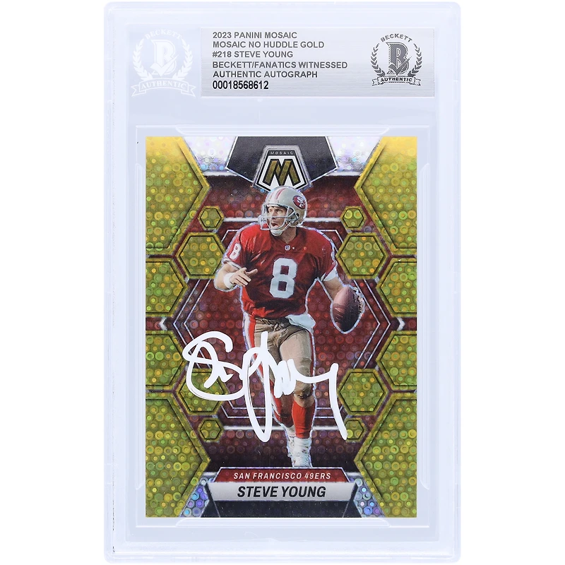 Steve Young San Francisco 49ers Autographed 2023 Panini Mosaic No Huddle Mosaic Gold White Ink #218 #/10 Beckett Fanatics Witnessed Authenticated Card