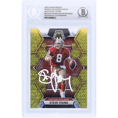 Steve Young San Francisco 49ers Autographed 2023 Panini Mosaic No Huddle Mosaic Gold White Ink #218 #/10 Beckett Fanatics Witnessed Authenticated Card