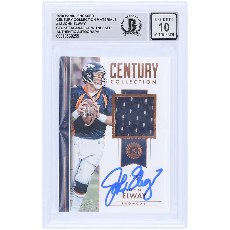 John Elway Denver Broncos Autographed 2018 Panini Encased Century Collection Materials Relic #CC-JE #/50 Beckett Fanatics Witnessed Authenticated 10 Card