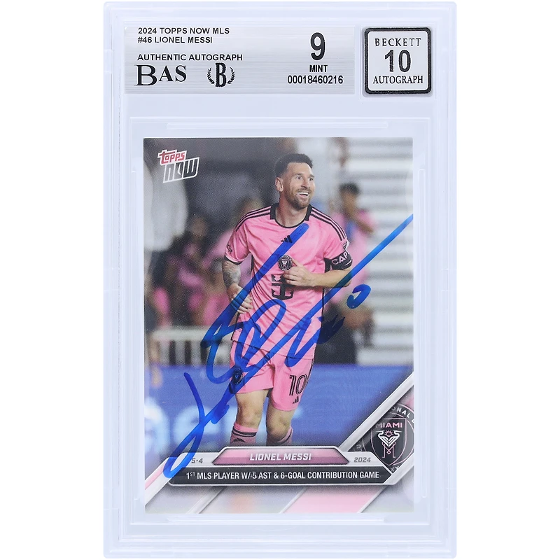 Lionel Messi Inter Miami CF Autographed 2024 Topps Now 1st MLS Player w/ 5 AST & 6-Goal Contribution Game #46 BAS Authenticated 9/10 Card