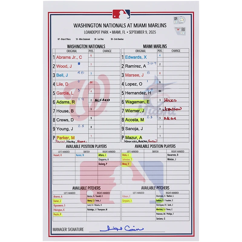 Washington Nationals Game-Used Lineup Card vs. Miami Marlins on September 9, 2025