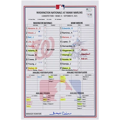 Washington Nationals Game-Used Lineup Card vs. Miami Marlins on September 9, 2025