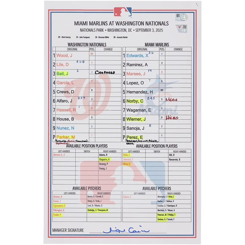 Washington Nationals Game-Used Lineup Card vs. Miami Marlins on September 3, 2025
