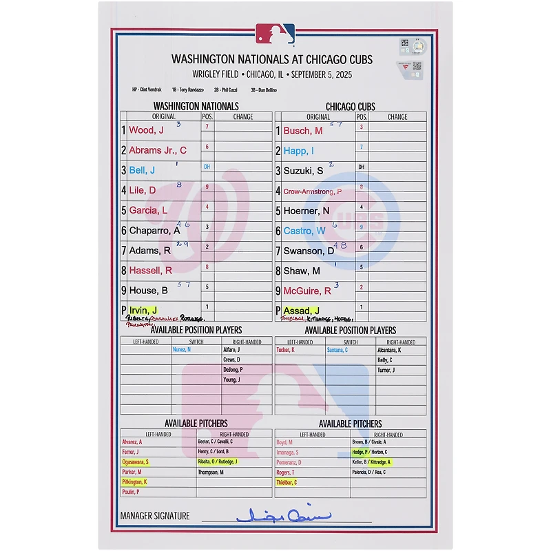 Washington Nationals Game-Used Lineup Card vs. Chicago Cubs on September 5, 2025
