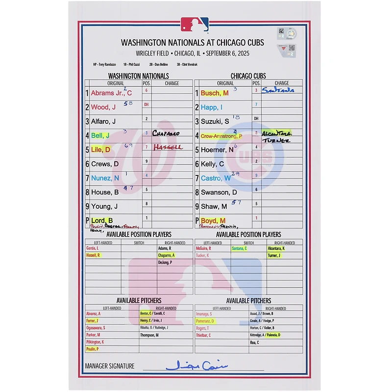 Washington Nationals Game-Used Lineup Card vs. Chicago Cubs on September 6, 2025