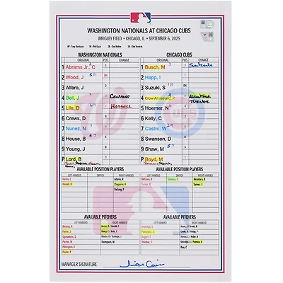 Washington Nationals Game-Used Lineup Card vs. Chicago Cubs on September 6, 2025