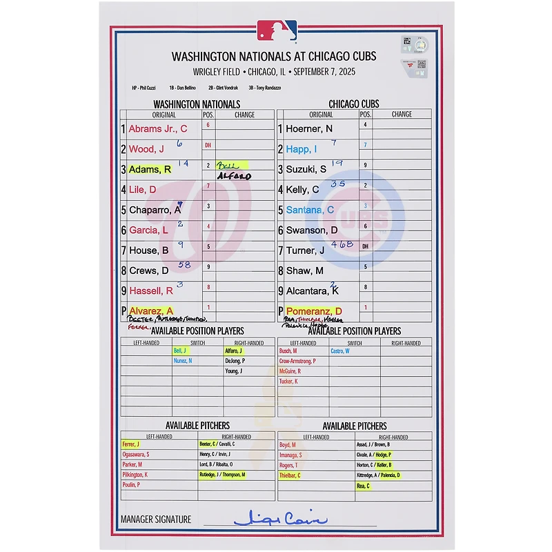 Washington Nationals Game-Used Lineup Card vs. Chicago Cubs on September 7, 2025