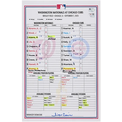 Washington Nationals Game-Used Lineup Card vs. Chicago Cubs on September 7, 2025