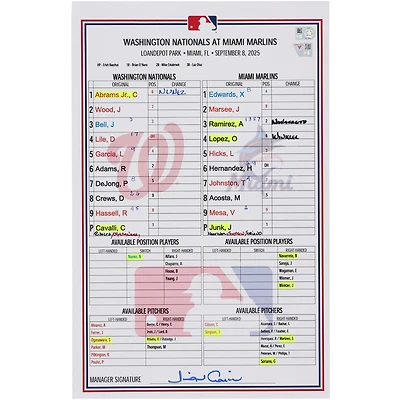 Washington Nationals Game-Used Lineup Card vs. Miami Marlins on September 8, 2025
