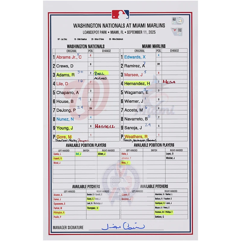 Washington Nationals Game-Used Lineup Card vs. Miami Marlins on September 11, 2025