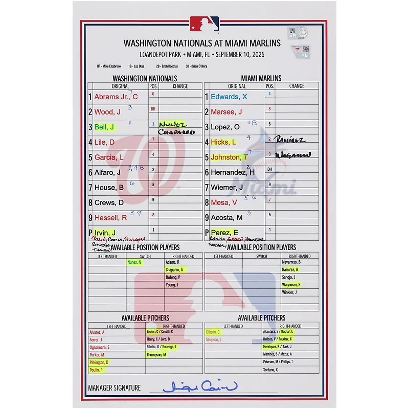Washington Nationals Game-Used Lineup Card vs. Miami Marlins on September 10, 2025