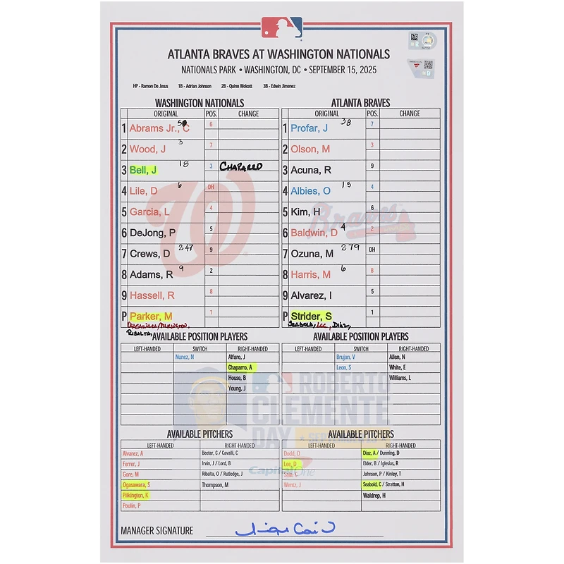 Washington Nationals Game-Used Lineup Card vs. Atlanta Braves on September 15, 2025