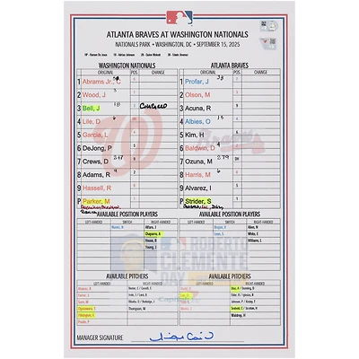 Washington Nationals Game-Used Lineup Card vs. Atlanta Braves on September 15, 2025