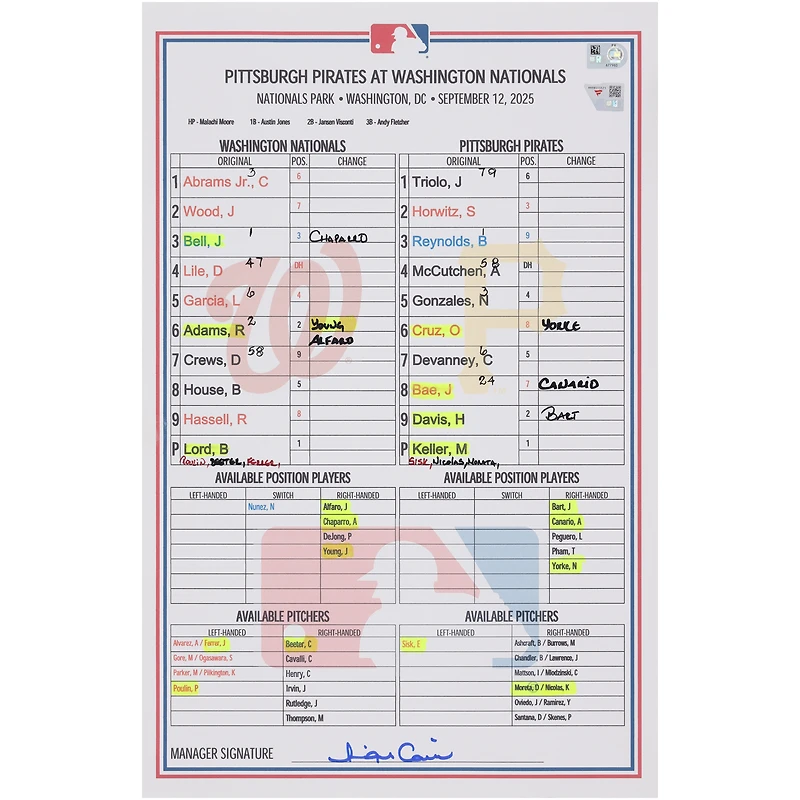 Washington Nationals Game-Used Lineup Card vs. Pittsburgh Pirates on September 12, 2025