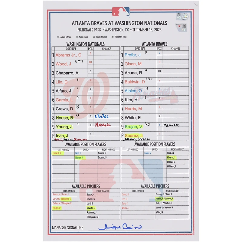 Washington Nationals Game-Used Lineup Card vs. Atlanta Braves on September 16, 2025