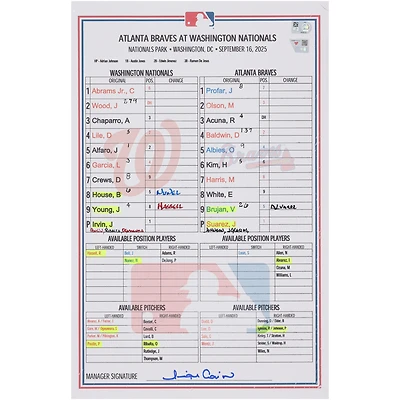 Washington Nationals Game-Used Lineup Card vs. Atlanta Braves on September 16, 2025