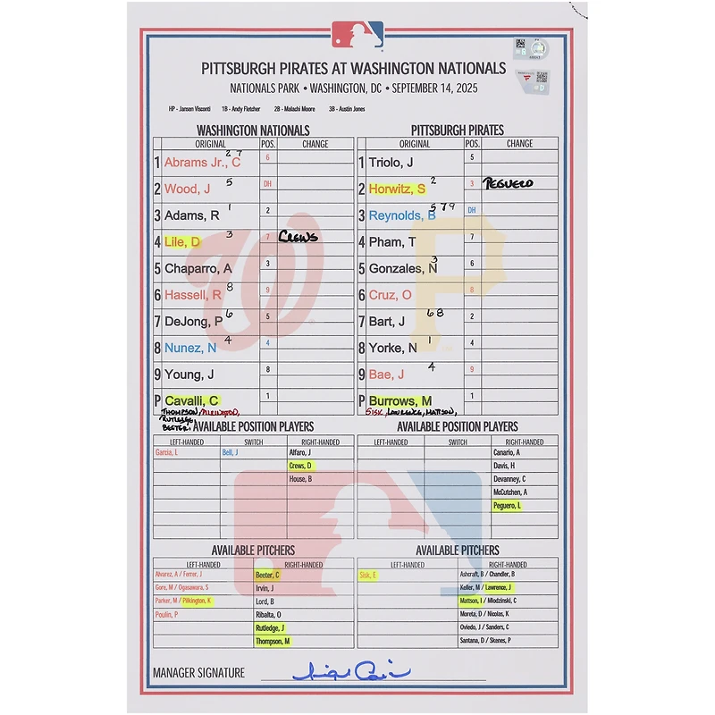 Washington Nationals Game-Used Lineup Card vs. Pittsburgh Pirates on September 14, 2025