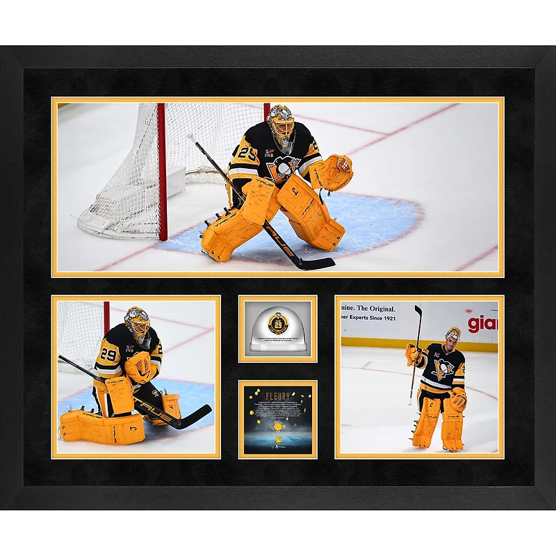Marc-Andre Fleury Pittsburgh Penguins Framed 20" x 24" Return to Pittsburgh 3-Photograph Collage with Game-Used Ice vs. Columbus Blue Jackets on September 27, 2025 - Limited Edition of 250