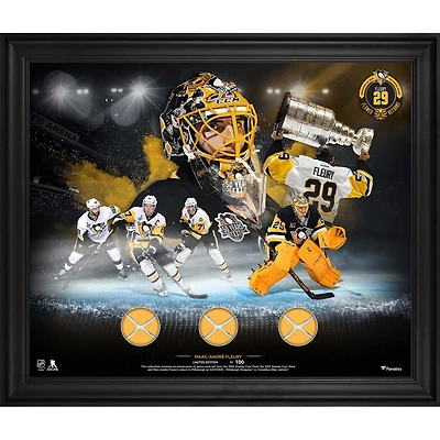 Marc-Andre Fleury Pittsburgh Penguins Framed 20" x 24" Triple Game-Used Net Collage from the 2016 Stanley Cup Final, 2017 Stanley Cup Final & Return Game vs. Columbus Blue Jackets on September 27, 2025 - Limited Edition of 100