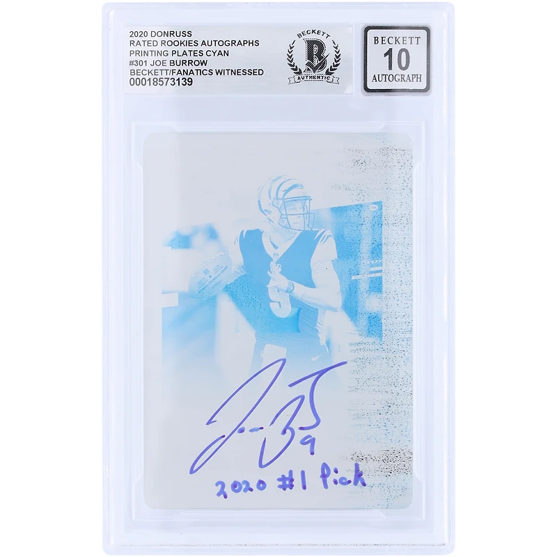 Joe Burrow Cincinnati Bengals Autographed 2020 Panini Plates & Patches Cyan Printing Plate #301 #1/1 Beckett Fanatics Witnessed Authenticated 10 Rookie Card with "2020 #1 Pick" Inscription