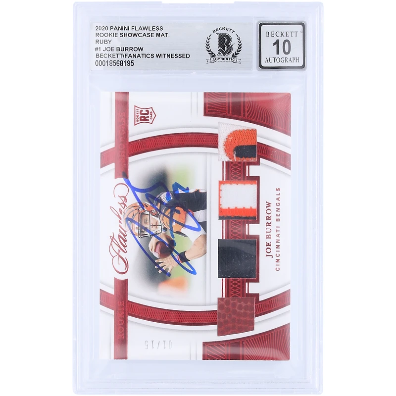 Joe Burrow Cincinnati Bengals Autographed 2020 Panini Flawless Ruby Rookie Showcase Materials Tri-Color Jersey & Football Quad Relics #RS1 #/15 Beckett Fanatics Witnessed Authenticated 10 Rookie Card