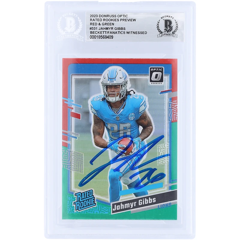 Jahmyr Gibbs Detroit Lions Autographed 2023 Panini Donruss Optic Red & Green Prizm Preview #331 Beckett Fanatics Witnessed Authenticated Rookie Card