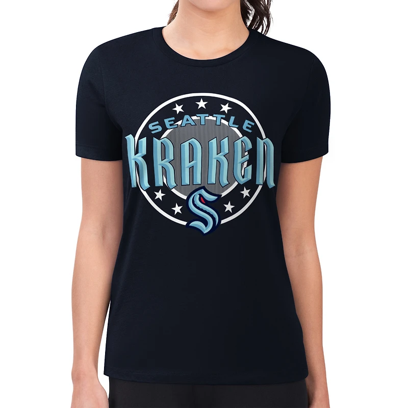 Women's G-III 4Her by Carl Banks Navy Seattle Kraken Super-Slim Lightweight Pinstripe Circle Graphic T-Shirt