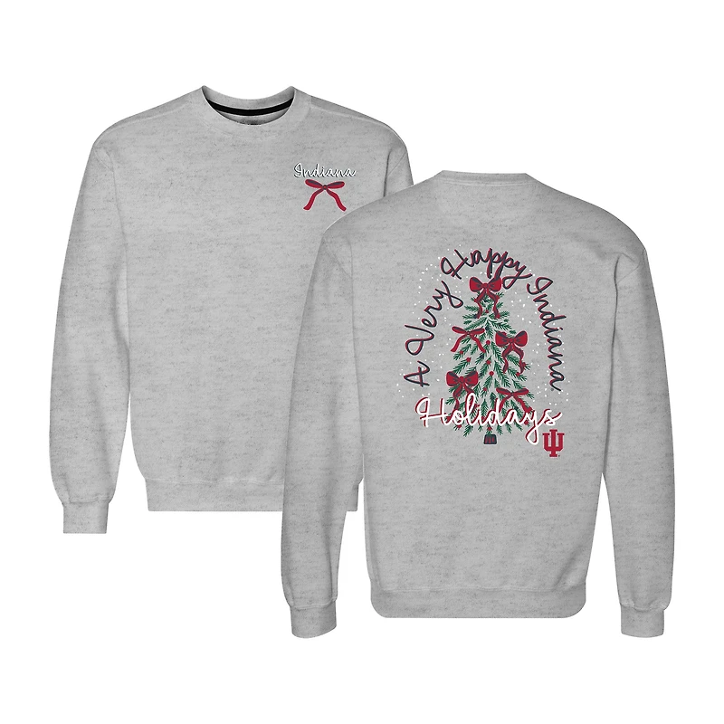 Women's Heather Gray Indiana Hoosiers Classic Merry Christmas Tree Crewneck Sweatshirt