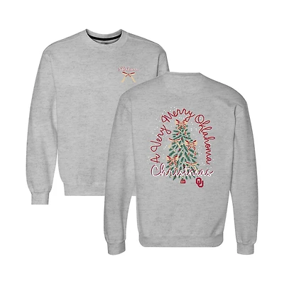 Women's Heather Gray Oklahoma Sooners Classic Merry Christmas Tree Crewneck Sweatshirt
