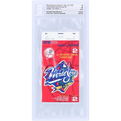 Derek Jeter New York Yankees Autographed Stub Beckett Fanatics Witnessed Authenticated NM 7 Ticket from October 18, 1998 with "98 WS Champs" Inscription