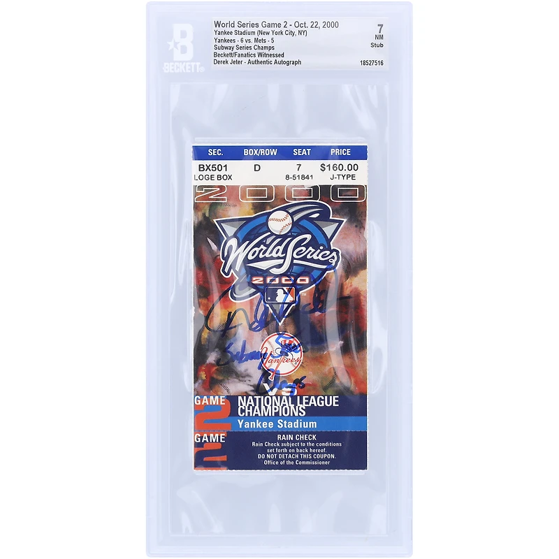 Derek Jeter New York Yankees Autographed Beckett Fanatics Witnessed Authenticated NM 7 Ticket from October 22, 2000 with "Subway Series Champs" Inscription