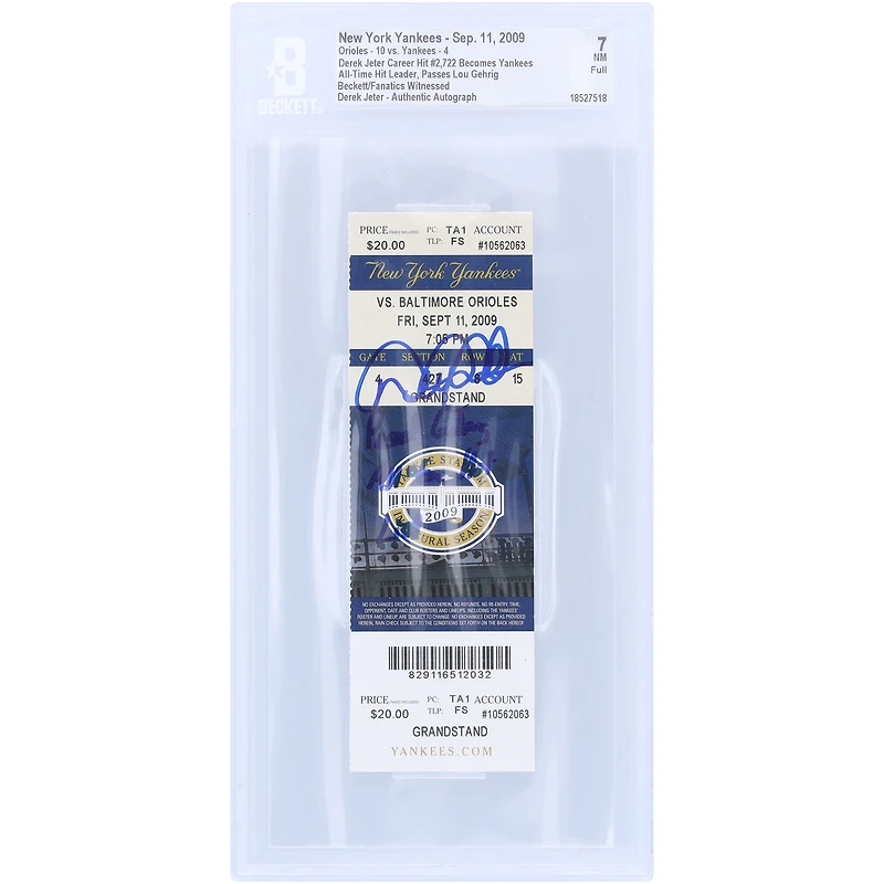 Derek Jeter New York Yankees Autographed All-Time Hit Leader, Passes Lou Gehrig Beckett Fanatics Witnessed Authenticated NM 7 Ticket from September 11, 2009 with "Passed Gehrig All Time Hit List" Inscription
