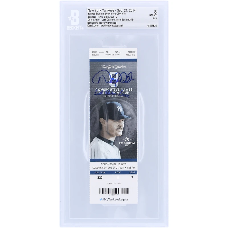 Derek Jeter New York Yankees Autographed Last Career Stolen Base Beckett Fanatics Witnessed Authenticated NM-MT 8 Ticket from September 21, 2014 with "Last Stolen Base" Inscription