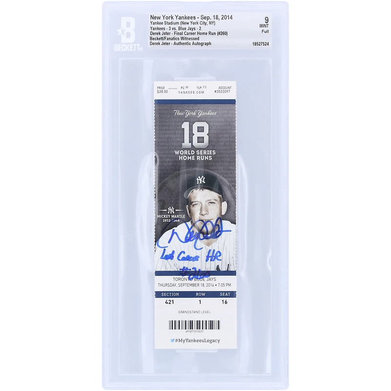 Derek Jeter New York Yankees Autographed Final Career HR Beckett Fanatics Witnessed Authenticated Mint 9 Ticket from September 18, 2014 with "Last Career HR #260" Inscription