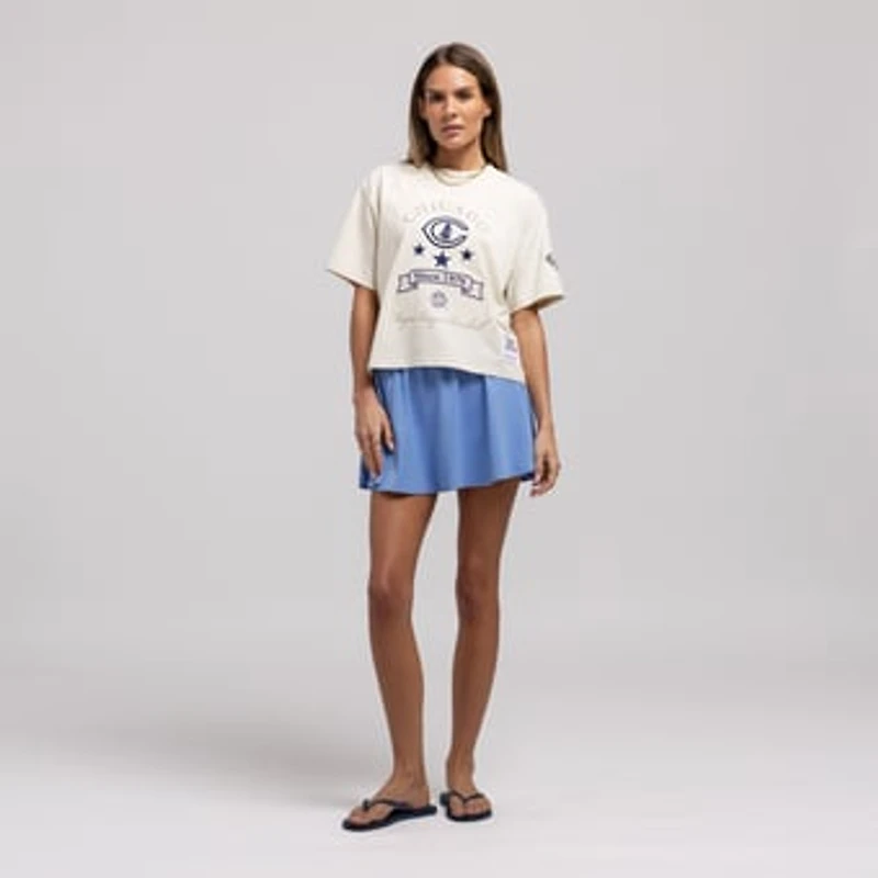 Women's Mitchell & Ness Cream Chicago Cubs Cooperstown Yacht Rock Boxy Cropped T-Shirt