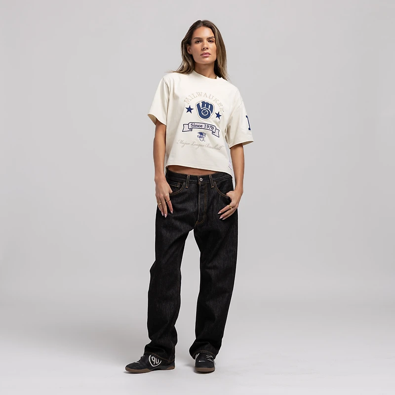 Women's Mitchell & Ness Cream Milwaukee Brewers Cooperstown Yacht Rock Boxy Cropped T-Shirt