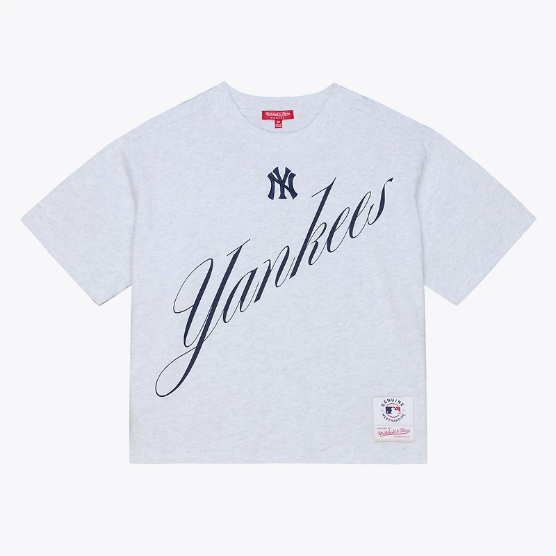 Women's Mitchell & Ness Heather Gray New York Yankees Script Cropped Boxy T-Shirt