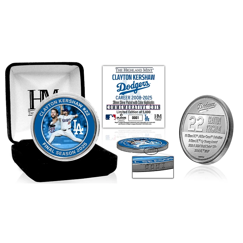 Highland Mint Clayton Kershaw Los Angeles Dodgers Retirement 39mm Silver Plated Coin