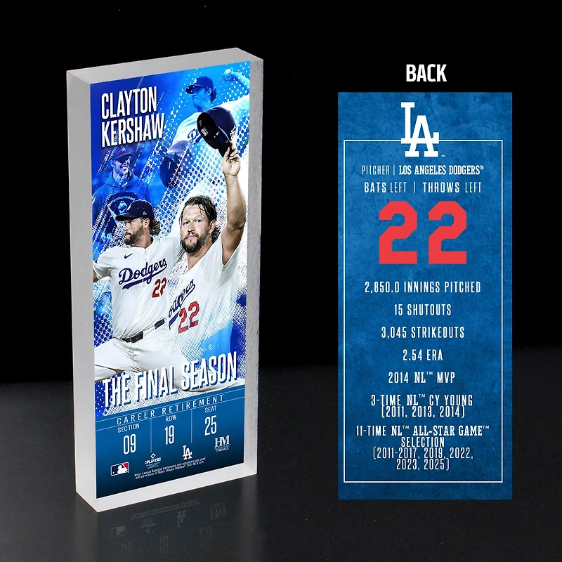 Highland Mint Clayton Kershaw Los Angeles Dodgers Retirement 3D Acrylic Ticket Blockart