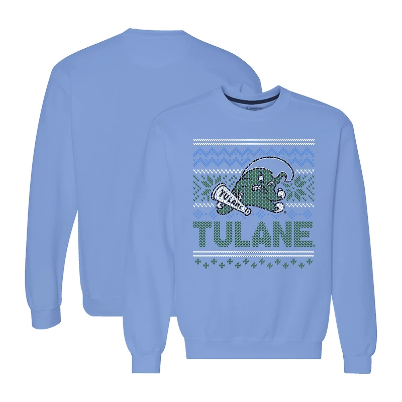 Men's Light Blue Tulane Green Wave Holiday Fleece Crewneck Sweatshirt