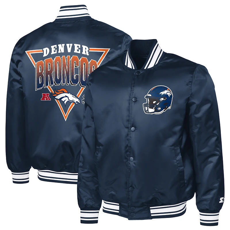 Men's Starter Navy Denver Broncos Printed Triangle Graphic Satin Full-Snap Varsity Jacket