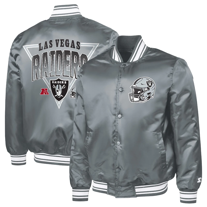 Men's Starter  Gray Las Vegas Raiders Printed Triangle Graphic Satin Full-Snap Varsity Jacket